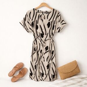 Cherie Bliss Abstract Black White Midi Dress Zip Front Office L